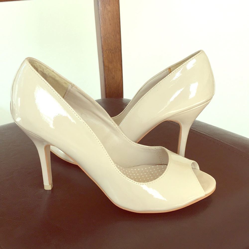 Beige, open toed, call it SPRING heels